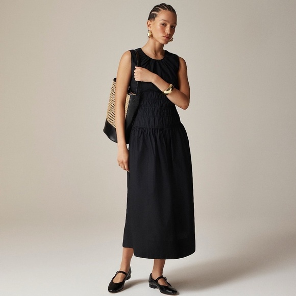 NWT!! J. CREW Hyacinth Dress Smocked Cotton Poplin Black Midi Pockets Poplin XSP - Picture 16 of 16